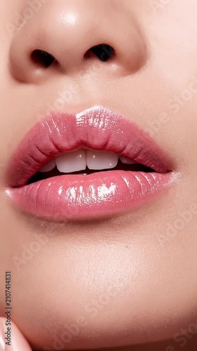 Close-up of woman's glossy lips and manicured hand.