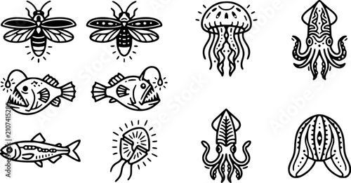 Black and White Animal Bioluminescence Vector Icons Flat Line Art Bundle