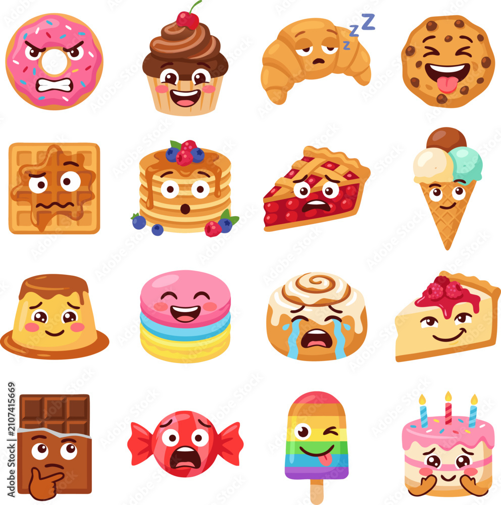 Fototapeta premium Cute dessert food emoji set with funny facial expressions, donut, cupcake, ice cream, pancakes, and cake cartoon vector illustration isolated on white background.