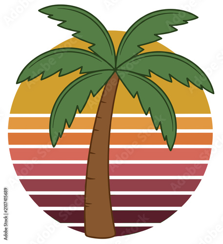 Retro Sunset Palm Tree Silhouette Summer Beach Landscape Vector
