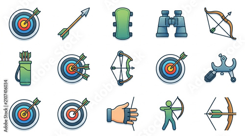 Tablou pe pânză Collection of Archery Equipment and Targets Icons.