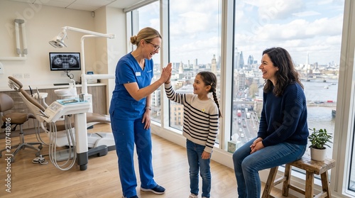 Dentist gives high five to happy child patient with mother watching in modern clinic with city view