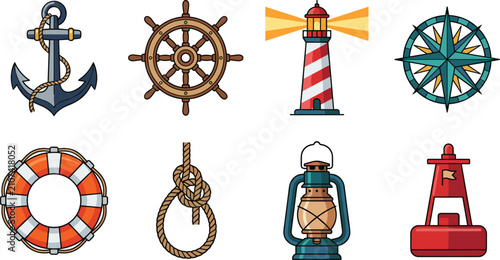 Nautical Maritime Icon Set with Anchor Compass Lighthouse Lifebuoy Lantern and Marine Symbols