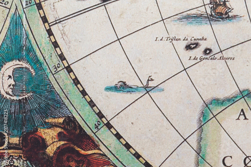 Photos Close up of a modern printed reproduction of a 17th century map showing an alleg