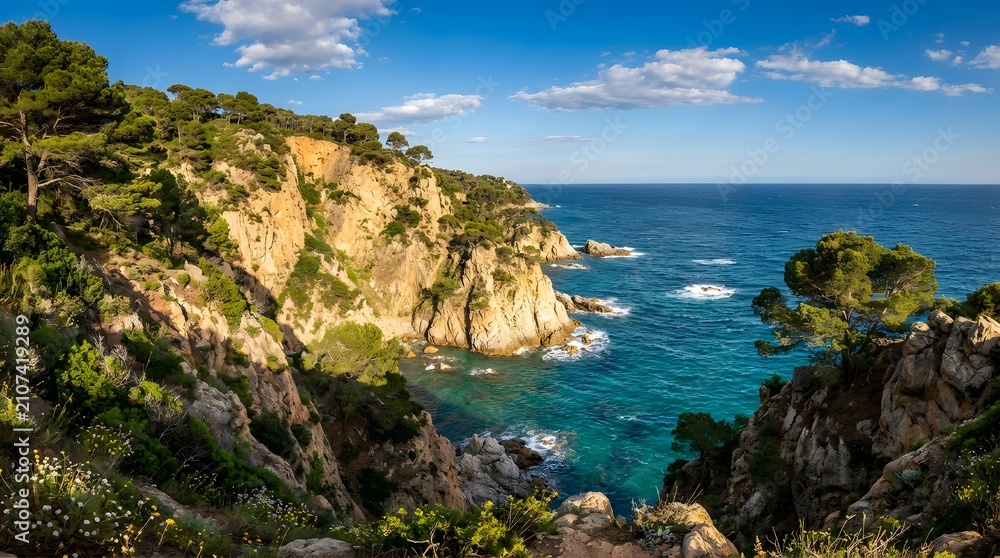 Fototapeta premium Sunlit Coastal Cliff Landscape with Blue Sea and Green Trees