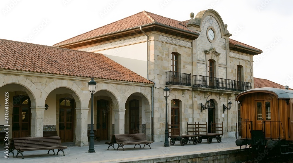 Obraz premium Rustic Train Station Exterior with Stone Architecture and Arched Walkways