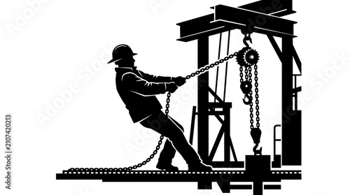 Canvastavla Industrial worker pulling chain hoist on heavy construction frame