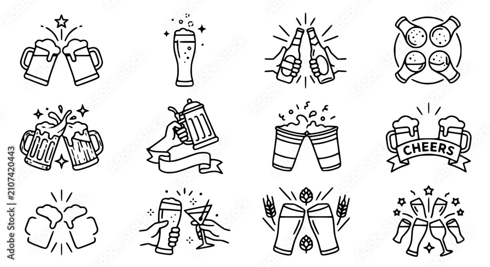 Fototapeta premium Beer Toast Icons: Cheers, Celebration, Clinking Glasses, Party & Drinks