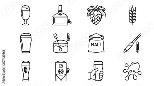 Fotografía Beer Making Icons: Hops, Malt, Wheat, Brewery Equipment, Glass