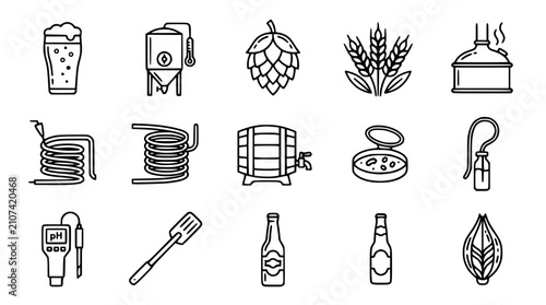 Foto Brewery Icons Set: Beer Making, Fermentation, Ingredients, Equipment & Tools