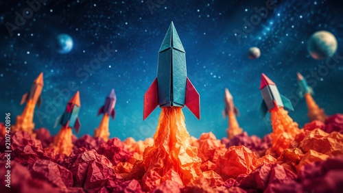 Origami rockets launching from a vibrant alien planet into space