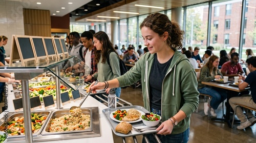 Young woman selects food from a cafeteria serving line with diverse students dining in the background
