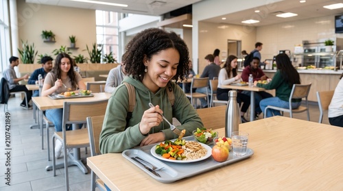 Young woman smiling while eating a healthy meal in a modern school cafeteria with other students in the background