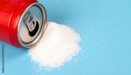 Red Soda Can Spilling Sugar Pile on Blue Background Representing High Sugar Content