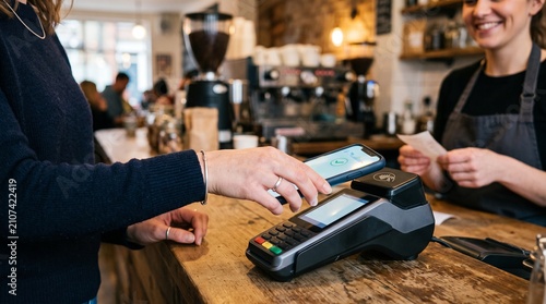Customer making contactless payment with smartphone at coffee shop counter with smiling barista in background