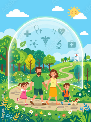 Happy family gardening under a transparent dome representing sustainable living and environmental education