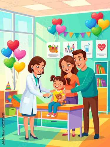 Happy family visiting pediatrician in cheerful children’s clinic with colorful decorations