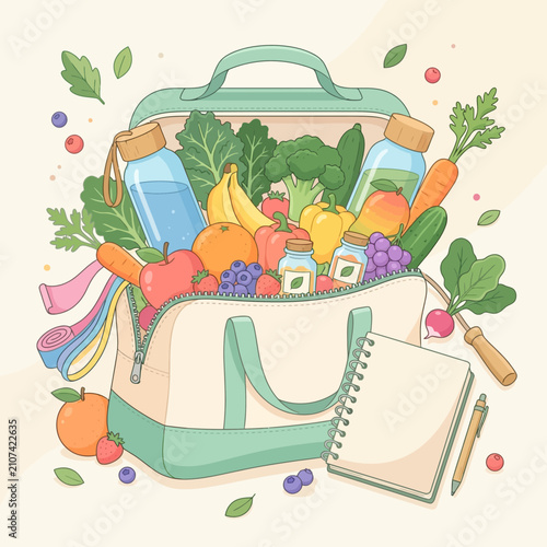 Colorful illustrated lunchbox packed with fresh vegetables and fruits surrounded by healthy ingredients