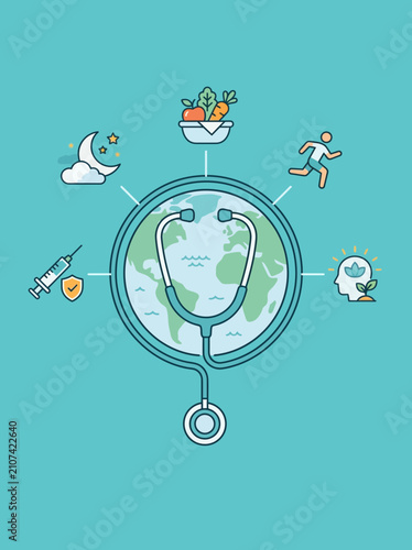 Modern flat design illustration of global healthcare and wellness with stylized medical and fitness icons