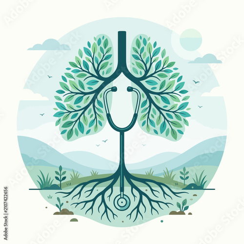Minimalist green tree icon with roots and mountain landscape background for nature branding