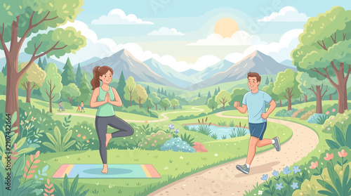 Happy couple skateboarding through scenic countryside park on sunny day