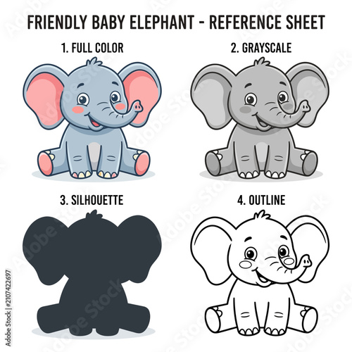 Friendly baby elephant illustration reference sheet with full color grayscale silhouette and outline variations