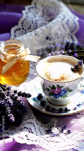 Floral teacup with honey and lavender on lace.