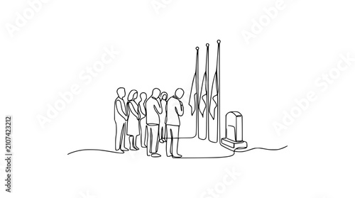 People Standing Respectfully at Memorial with Flags - Single Line Drawing