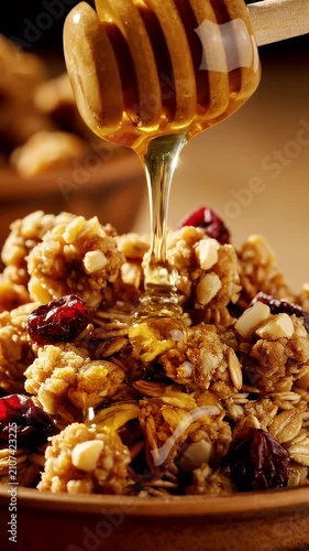 Fresh honey drizzling over healthy granola bowl.