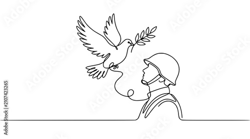 Foto Soldier meets dove with olive branch, single line art, symbol of peace and hope