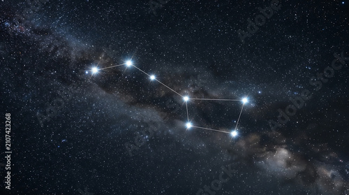 Bright big dipper asterism shining within dense milky way galaxy starfield against deep black night sky with constellation pattern glowing background stars diffuse