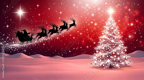 Magical christmas night santa's sleigh and sparkling tree in a winter wonderland scene