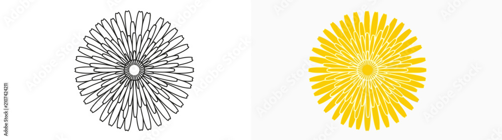 Fototapeta premium Minimalist dandelion flower head vector icons in black and yellow