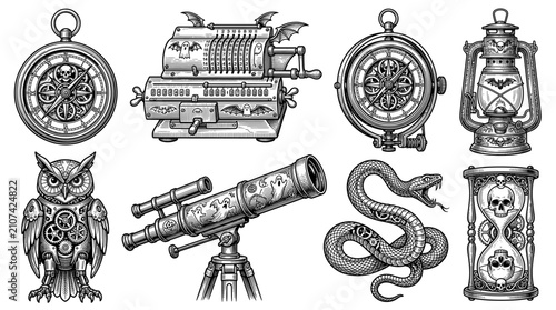 Canvas Print Collection of Steampunk Gothic Vintage Illustrations Featuring Skulls, Clockwork