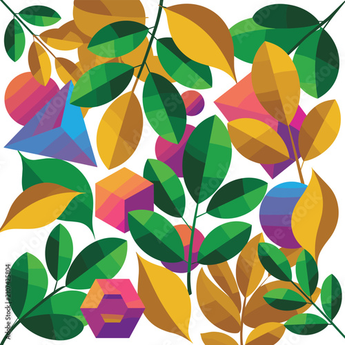 A bright poster with leaves and colored geometric vector on white background.