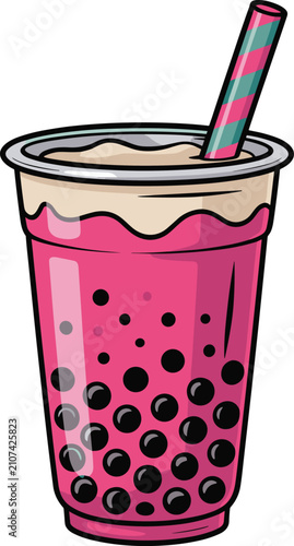 Pink bubble tea with dark pearls and straw drink vector on white background.