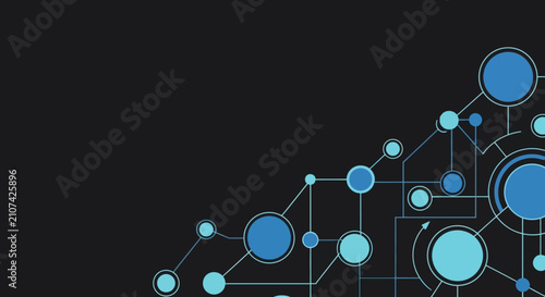 Abstract Network of Blue Circles and Lines on Dark Background.