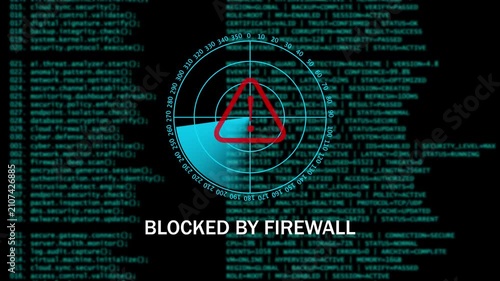 Digital Cyber Security Warning BLOCKED BY FIREWALL Interface with Radar Scan. 4k video animation 