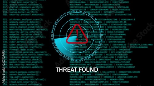 Digital Cyber Security Warning THREAT FOUND Interface with Radar Scan. 4k video animation 