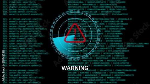 Digital Cyber Security Warning WARNING Interface with Radar Scan. 4k video animation 