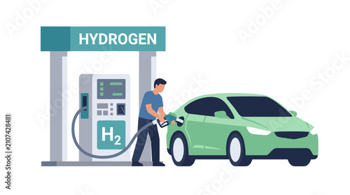 Man fueling electric green car at hydrogen charging station.