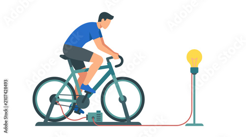 Man pedaling bike to power an electric bulb.