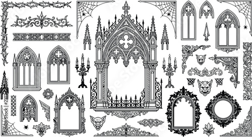 Gothic ornament and frame vector set. Thin line cathedral windows, medieval borders, candelabra, skulls and bat decorations for dark fantasy design, Halloween branding and engraving artwork