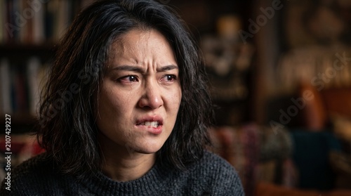 怒りと葛藤を抱える若いアジア人女性の表情クローズアップ
