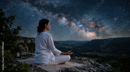 A serene woman practices mindful meditation while sitting peacefully on a rocky cliff under the vast and shimmering night sky filled with countless glowing stars above the dark silent mountain
