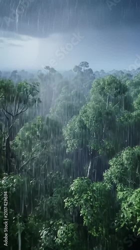 Bright lightning bolt striking over a dense green forest.