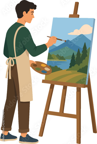 Adult painter side profile facing right, painting a landscape, flat vector illustration