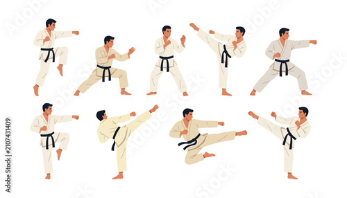 Fényképezés Martial arts fighters vector flat icons set with men practicing karate taekwondo