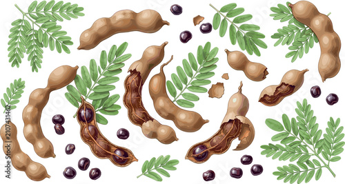 Photos Fresh Botanical Tamarind Vector Set with Whole Pods Open Shells showing Sticky P