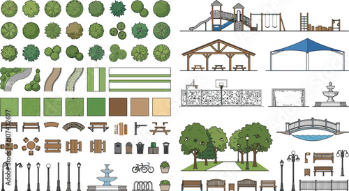 Landscape CAD blocks vector. Site plan trees, pergolas, gazebos, bridges, playgrounds and planting symbols for landscape architecture and urban masterplans